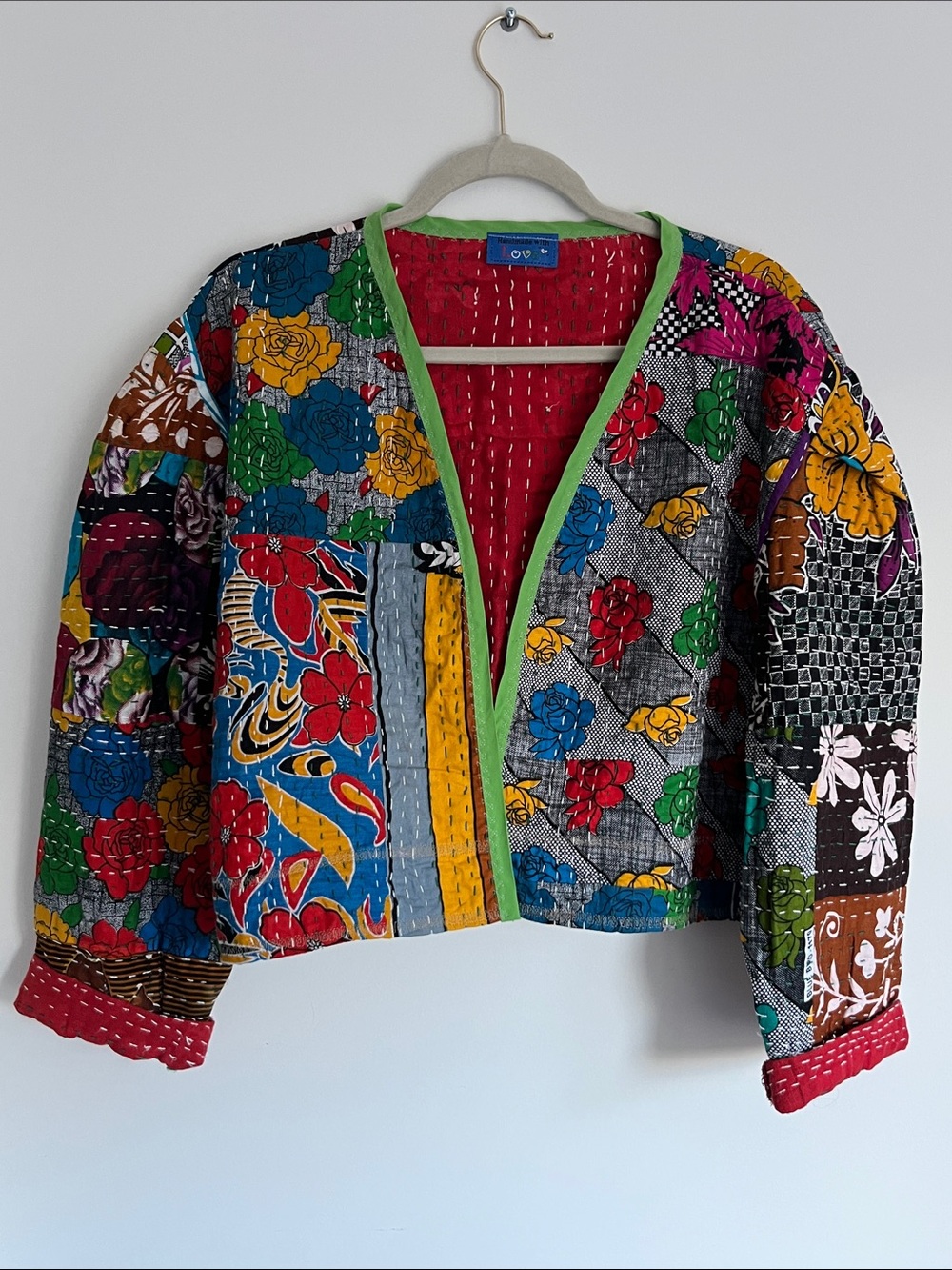 Patchwork Floral Quilted Jacket with Green Trim